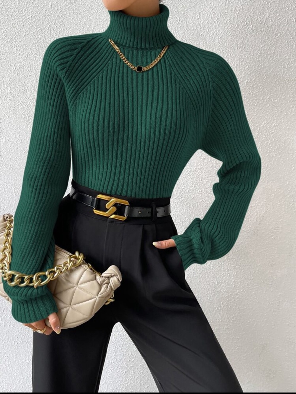 High Neck Ribbed Green Sweater - Picture 4 of 6